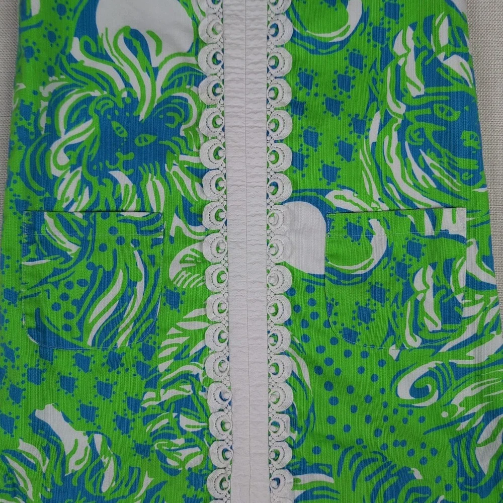 Lilly Pulitzer Girls 10 First Impression Lion Shift Dress Green Blue Lace Tie
